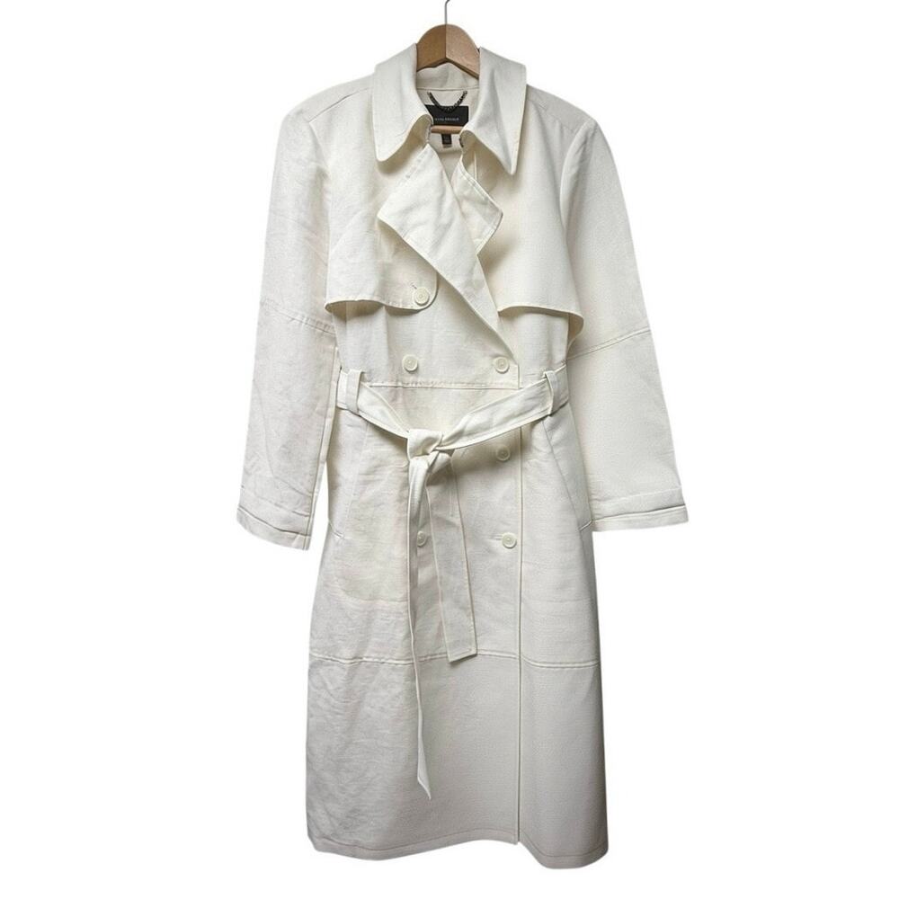 Banana Republic Linen Delave Trench Coat Women Large Ivory Belted Long Luxury